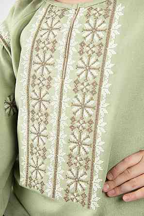 Вишиванка для дівчаток лляна з довгим рукавом, оливкова  Юрма- Одяг Київ