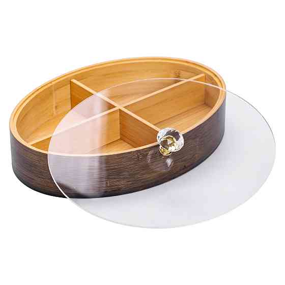 Yiwu Менажниця дерев'яна на 4 секції зі скляною кришкою для закусок овальна HB-40-8 Киев