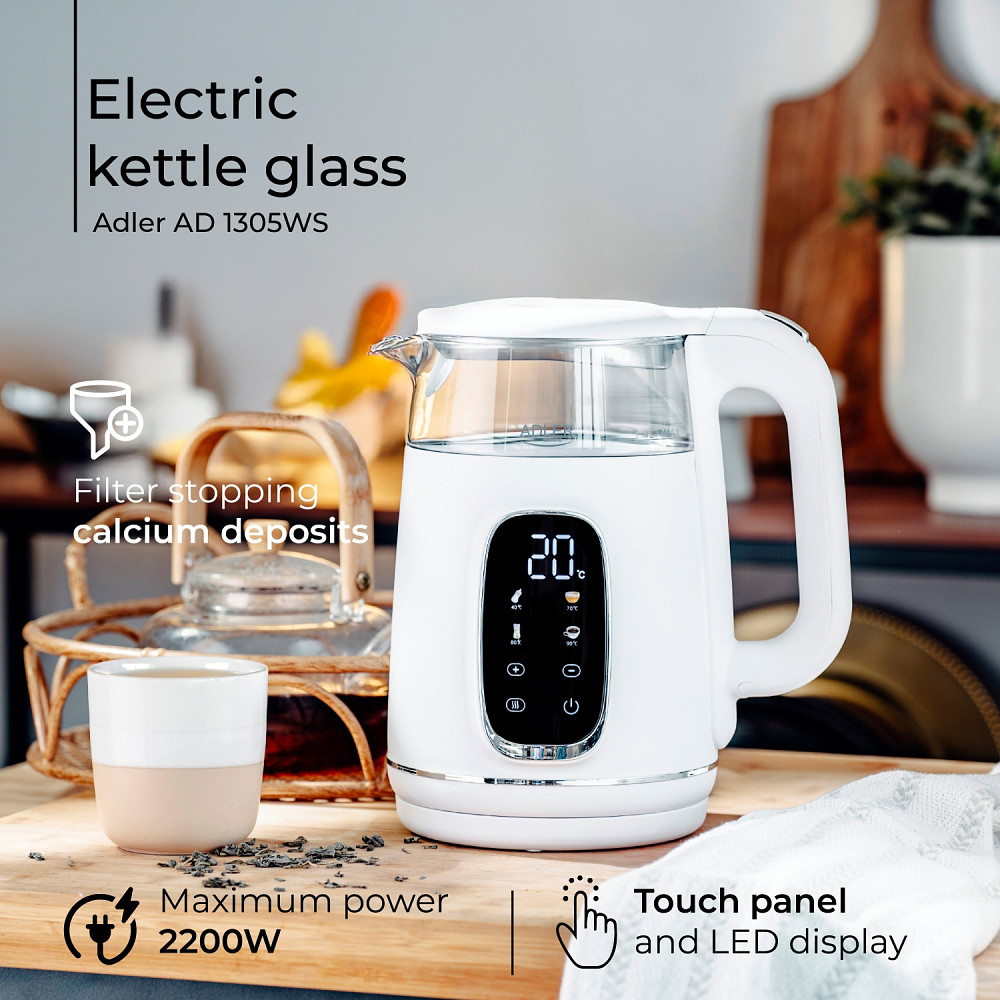 Електрочайник Adler AD 1305 white silver 1850-2200Вт/ 1.7л/ скло/ встановлення температури/ Вінниця - фото 3