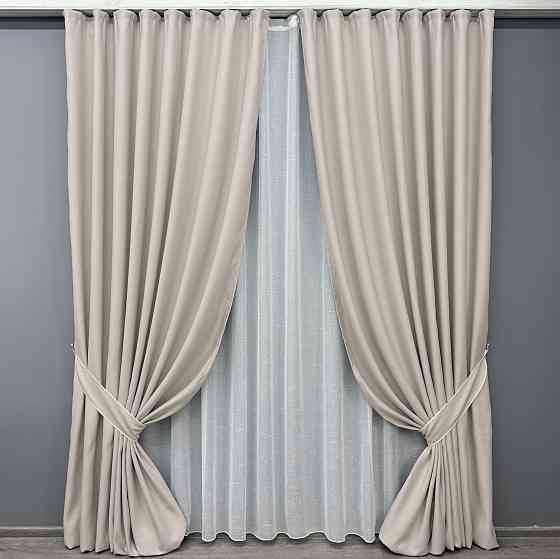 Комплект штор VR-Textil рогожка преміум TERRA LUXE 150х270 2шт і Тюль 600х270 1859ш-115т попелястий з білим 71-077/5 Київ