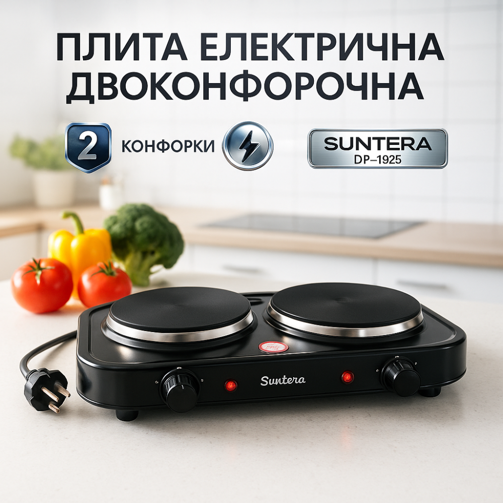 Плити настільні для кухні переносні Suntera, Двоконфорочна дискова електроплита, Надійна кухонна плита AK-82 Львів - фото 7