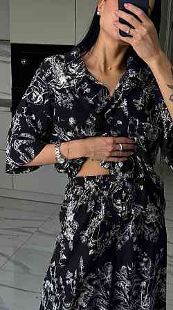 Жіночий легкий принтований костюм-трійка: хустка, сорочка та штани софт Чорний Одеса