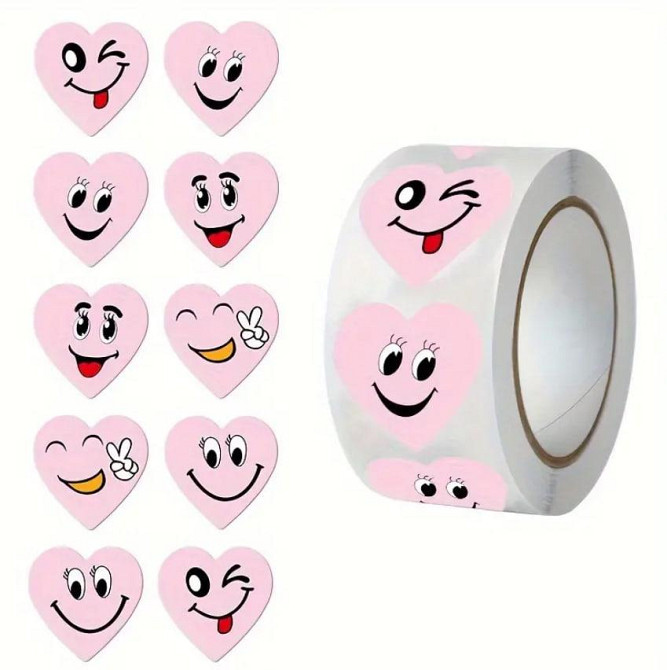 Наклейки-пломбы в форме сердец 500 шт Розовые смайлик-стикеры для подарков, упаковки, коробок. Киев - изображение 1
