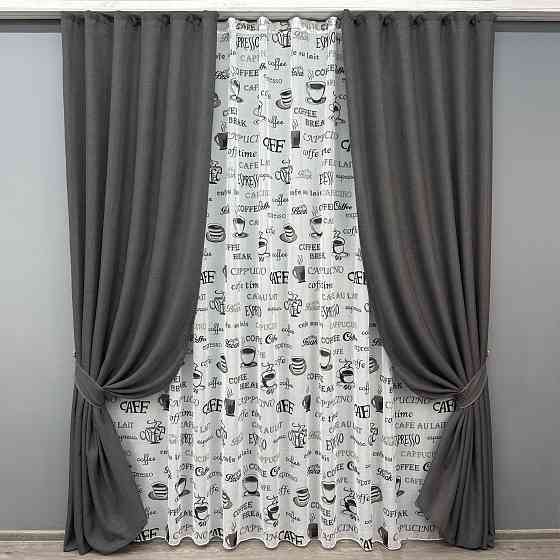 Комплект штор VR-Textil Льон Мішковина 150х270 2шт і Тюль 500х270 1140ш-1791т Графітовий з білим 71-064/4 Київ