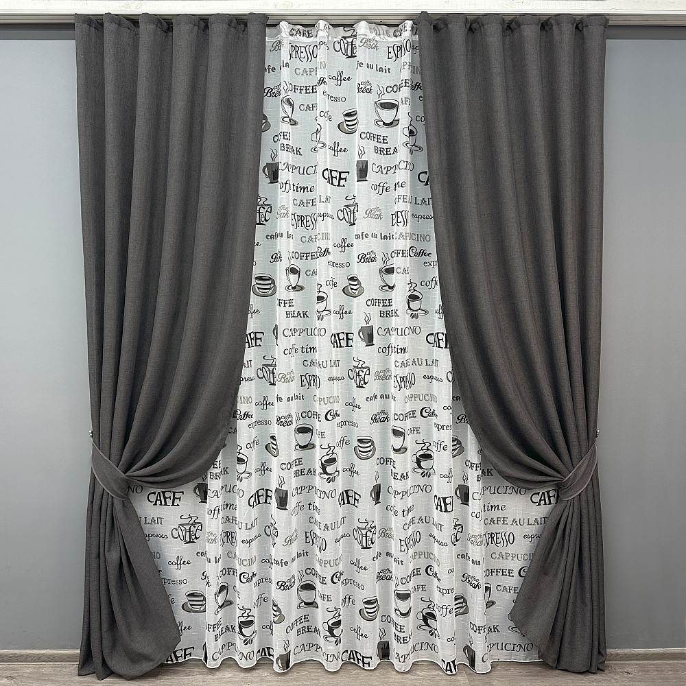 Комплект штор VR-Textil Льон Мішковина 150х270 2шт і Тюль 500х270 1140ш-1791т Графітовий з білим 71-064/4 Київ - фото 1