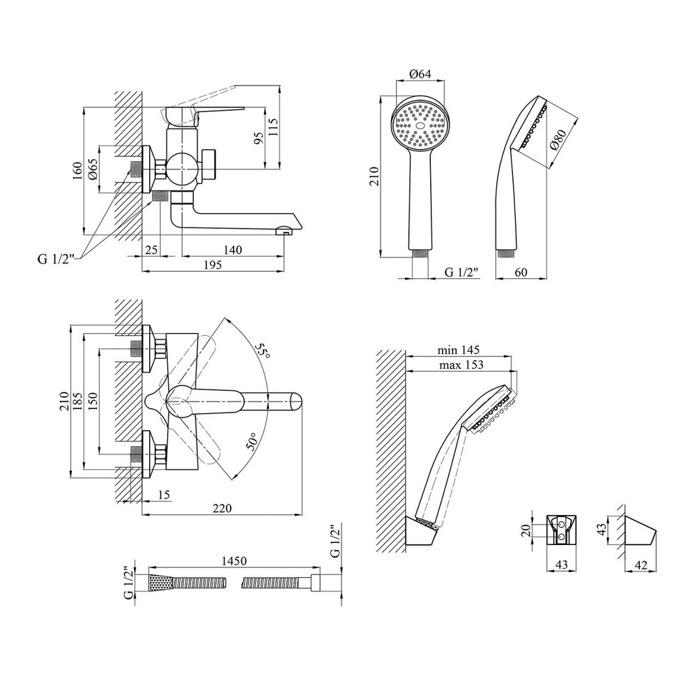 Змішувач для ванни Kroner KRM Elbe - N060 з душовим гарнітуром, нікель Київ - фото 2