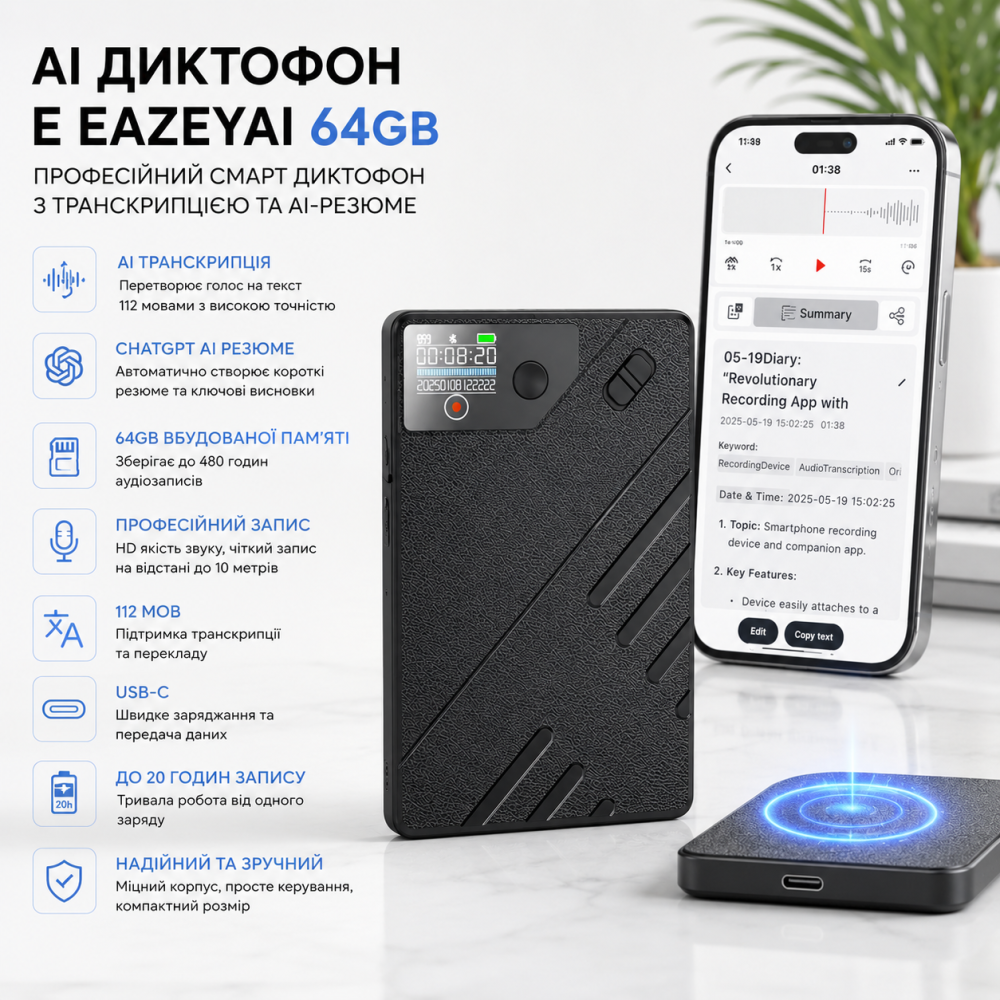 AI Диктофон E EAZEYAI 64GB Профессиональный смарт диктофон с транскрипцией 112 языков ChatGPT резюме USB-C Черный Киев - изображение 10