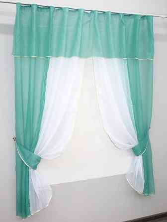 Кухонные шторы VR-Textil № 090к с ламбрекеном и подвязками бирюзовый с белым 280х170 см (50-309) Киев