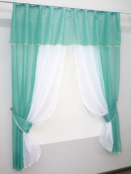 Кухонные шторы VR-Textil № 090к с ламбрекеном и подвязками бирюзовый с белым 280х170 см (50-309) Киев - изображение 2