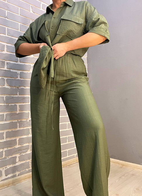 Костюм жіночий Mix Ray 4218 тканина жатка сорочка на гудзиках кишені та широкі штани на резинці хакі, хакі, S Київ - фото 8