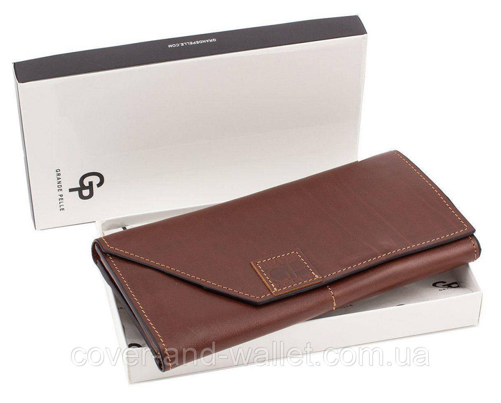 Коричневий гаманець великого розміру з гладкої шкіри на магнітній застібці Grande Pelle Festa 513623 Київ - фото 10
