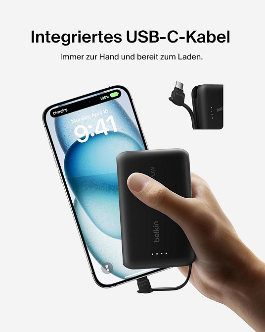 Пауэрбанк Belkin BoostCharge 10000 mAh черный PD 20W с встроенным USB‑C кабелем 2 порта LED портативный Киев - изображение 5
