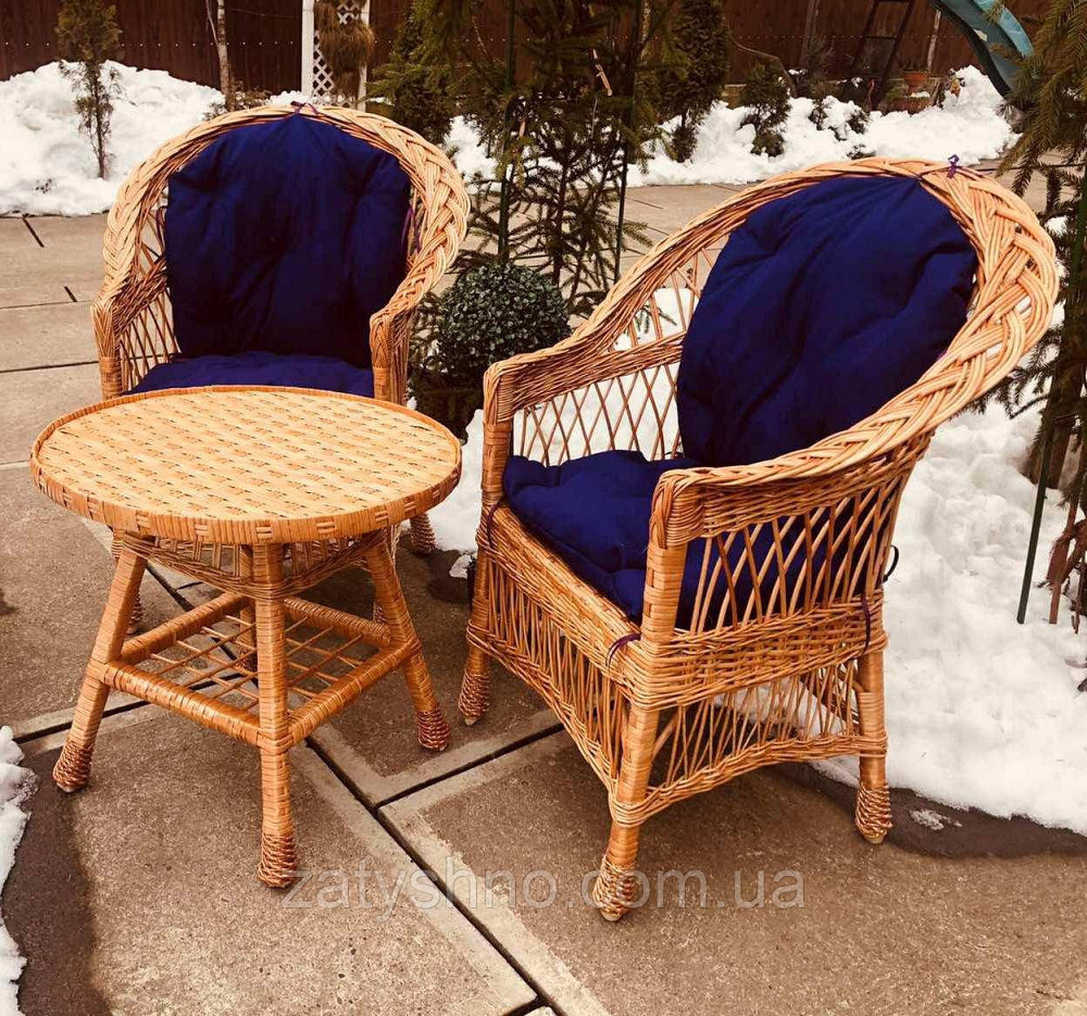 Крісла та стіл плетені з лози|Меблі з лози з накидками |меблі з лози з круглим столом Київ - фото 1