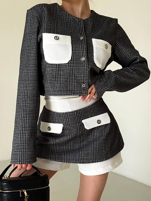 Жіночий стилний костюм трійка клітка вовна; шорти вавілка Одеса - фото 1