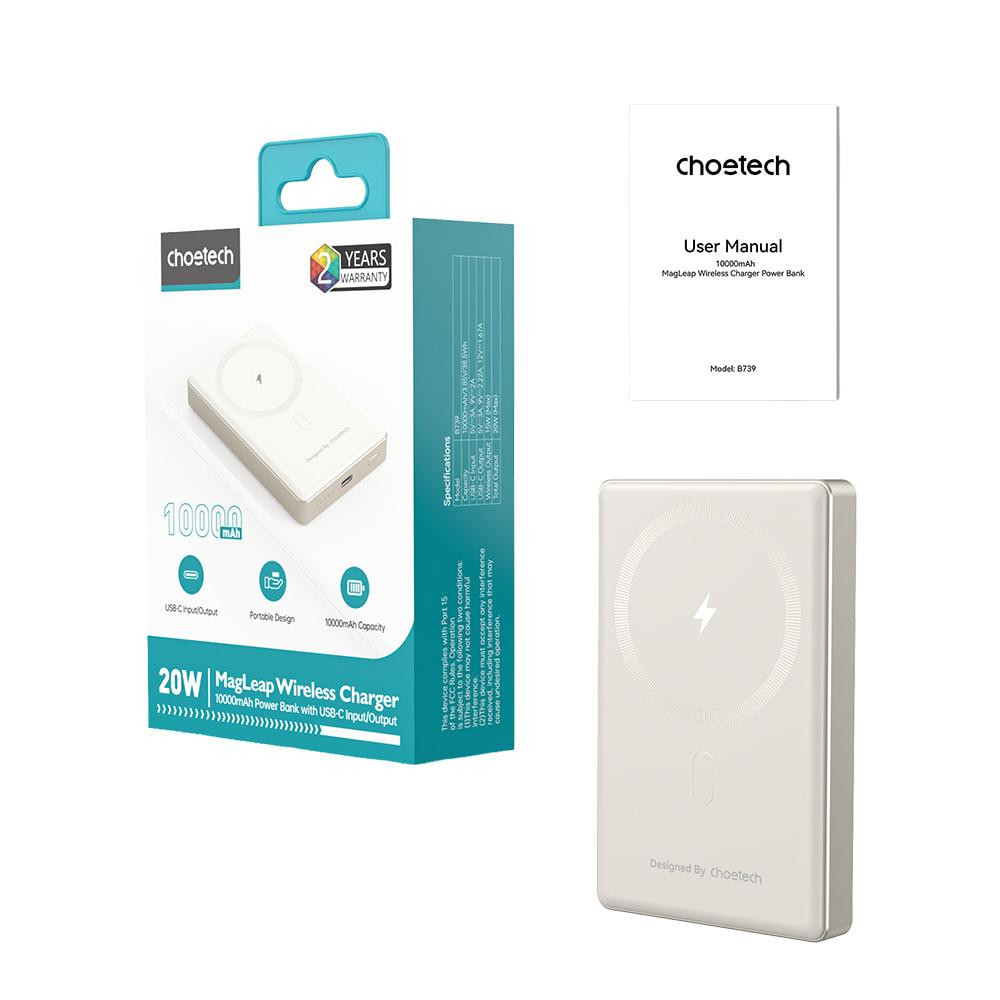 Повербанк 10000mAh Choetech B739 Silver QC3.0 PD3.0 бездротова магнітна зарядка (43-00152) Київ - фото 4