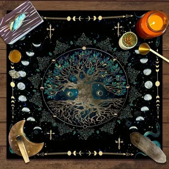 Вівтарна скатертина «Дерево Життя» 49×49 см, фази Місяця, чорна, поліестер – для Таро, кристалів, ритуалів Київ