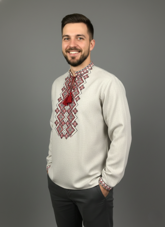 Українська чоловіча вишиванка з довгим рукавом в кольорі беж Київ