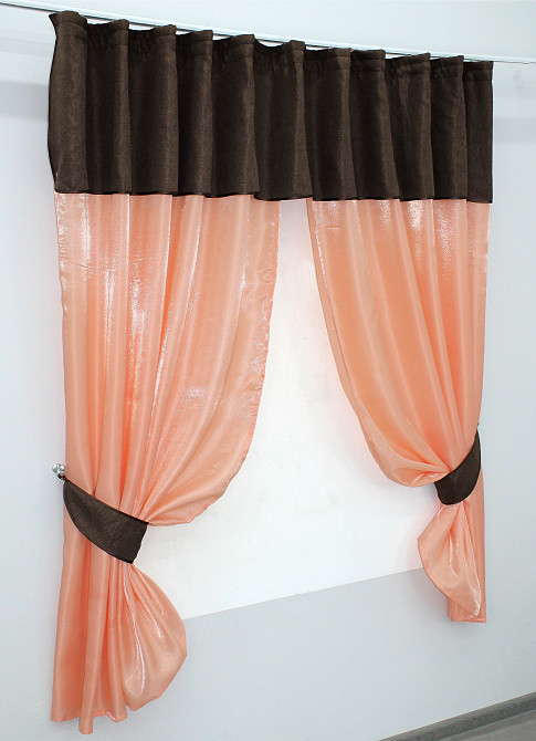 Кухонные шторы VR-Textil № 073к с ламбрекеном и подхватами персиковый с венге 270х170 см (52-0211) Киев - изображение 2
