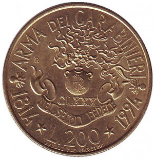 180 років карабінерів. Монета 200 лір. 1994 рік, Італія..(АМ) Полтава - фото 1