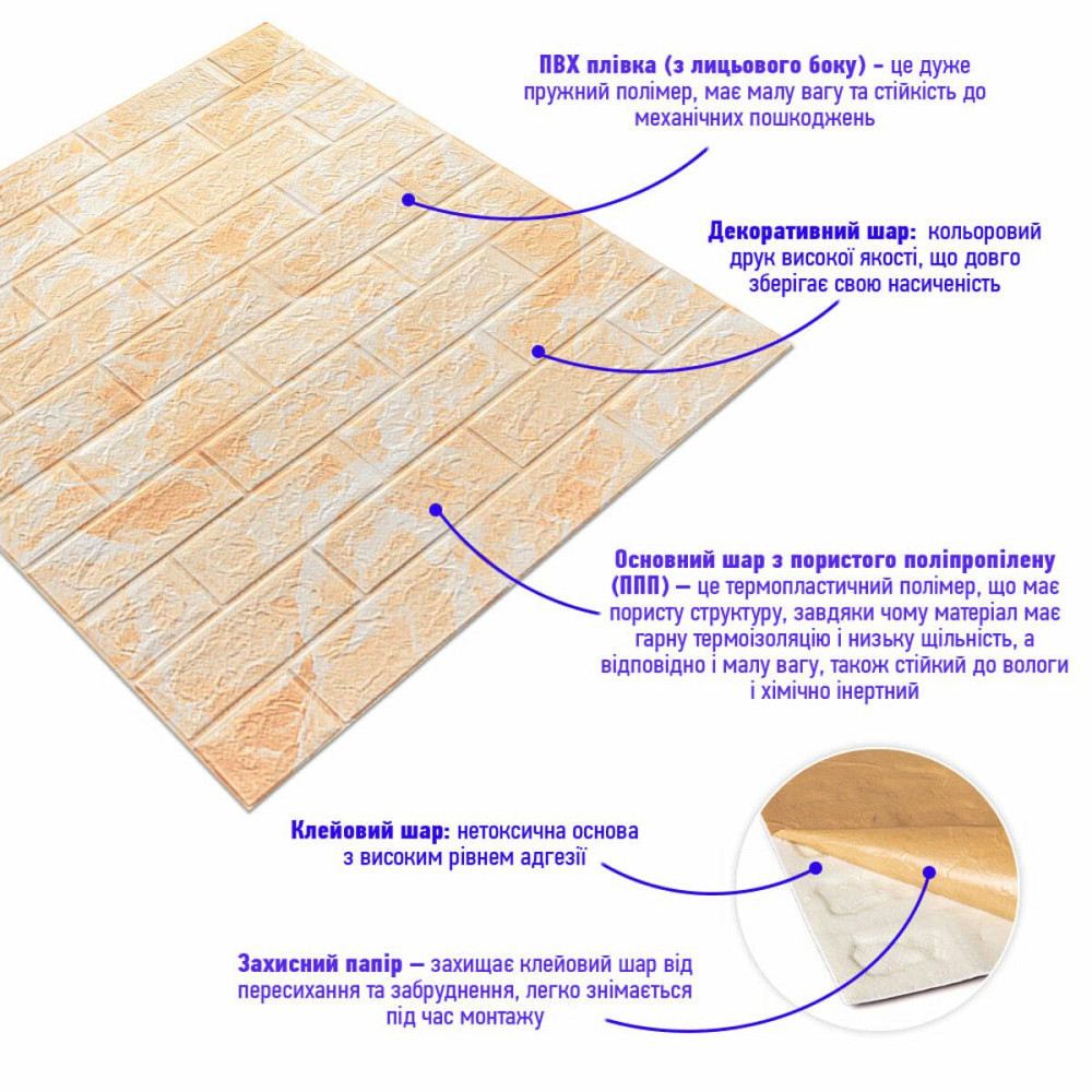 Декоративная 3D панель самоклейка 700x770x5мм Мрамор бежевый (кирпич) (062) SW-00000032 Днепр - изображение 2