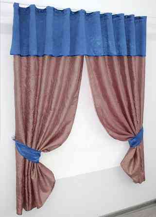 Кухонные шторы VR-Textil № 073к с ламбрекеном и подхватами розово-золотистый с синим 260х170 см (52-0379) Киев