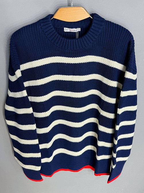 Светр жіночий MIX RAY 6635 смужка оверсайз подовжений вільний крій, темно-синій, one size Київ - фото 12