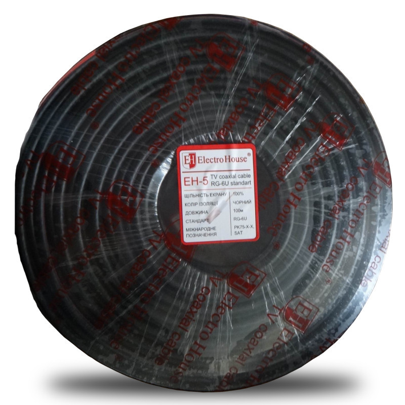 Кабель коаксиальный RG-6U 100% обмеденная сталь 1.02 ПВХ, черный, 100 м Днепр - изображение 1