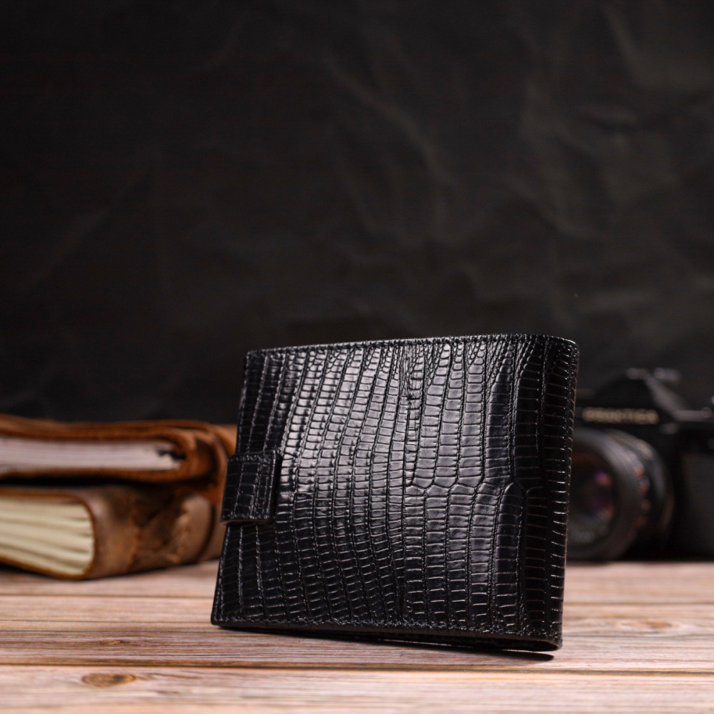 Интересный мужской бумажник из натуральной фактурной кожи Черный (CANPELLINI) Киев - изображение 3