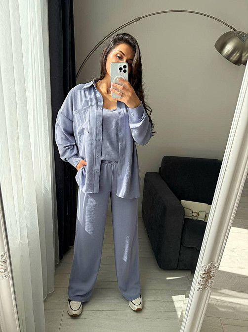 Женский базовый костюм тройка: рубашка майка и штаны креп жатка Серый, 46/48 Одесса - изображение 8