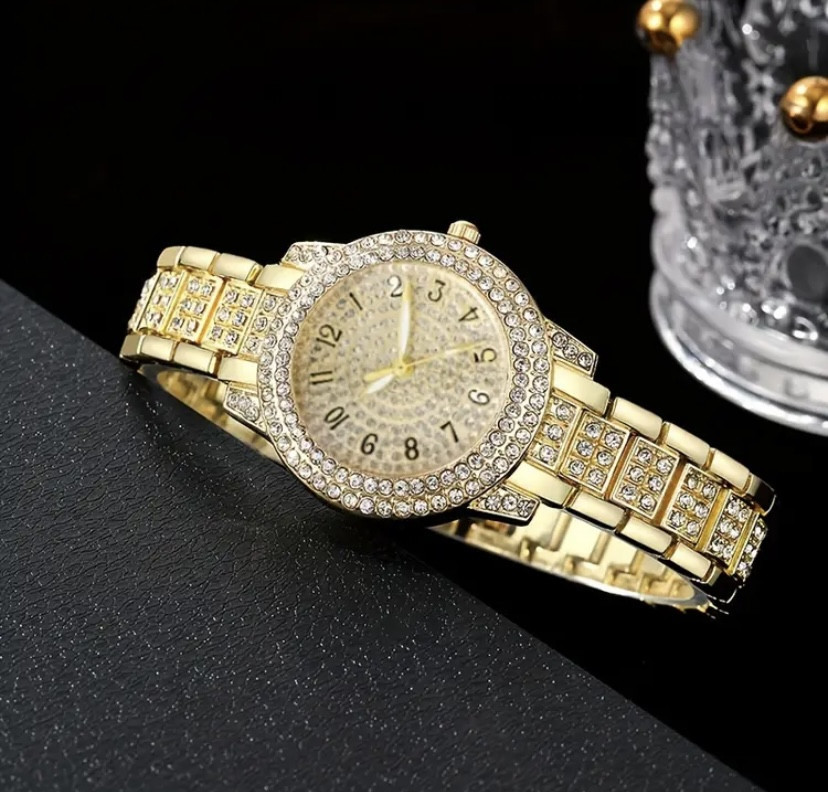 Подарунковий набір для жінок Арабські цифри наручний годинник браслет кільце ланцюжок з кулоном і сережки золотистий Київ - фото 2