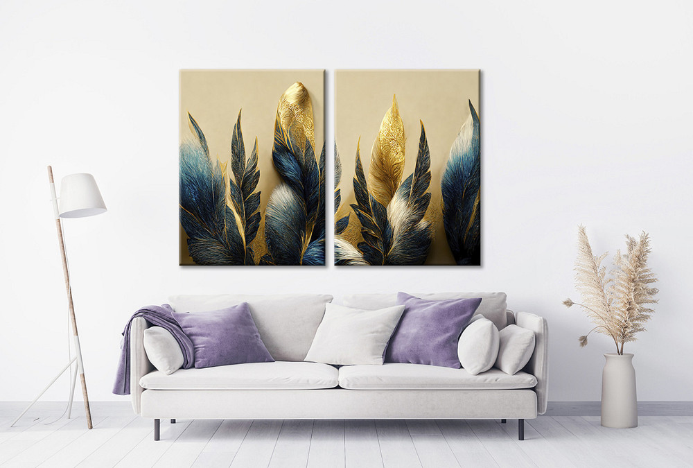 Модульна картина у вітальню/ спальню  Синьо-золоті пір'я    TLV-2_146 70x102 см Київ - фото 2