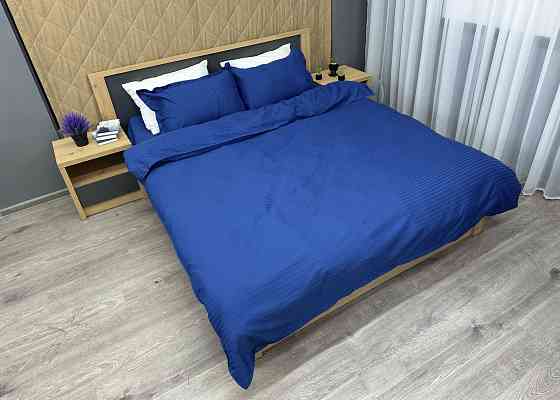 Комплект постільної білизни Страйп-сатин Євро 200х230 з простирадлом на резинці Синій (88-091) Київ