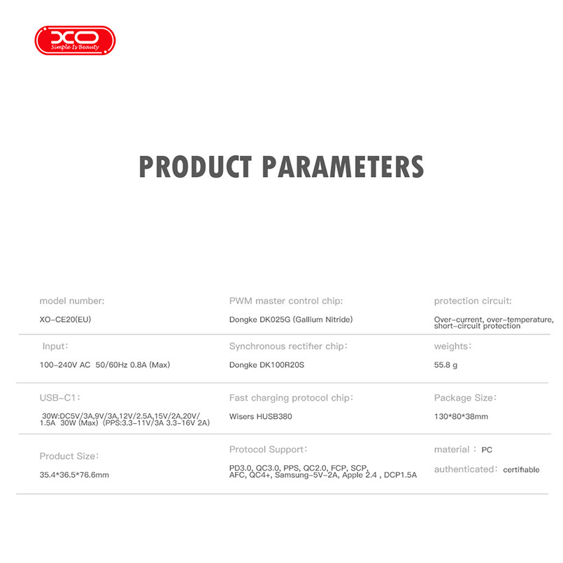 Мережевий зарядний пристрій XO CE20 PD30W/PPS33W 1USB-C + Type-C кабель білий Львів - фото 5
