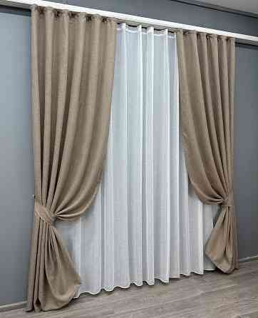 Комплект штор VR-Textil Лен Мешковина 200х270 2шт и Тюль 500х270 113ш-115т Светло-кофейный с белым 71-053/6 Киев