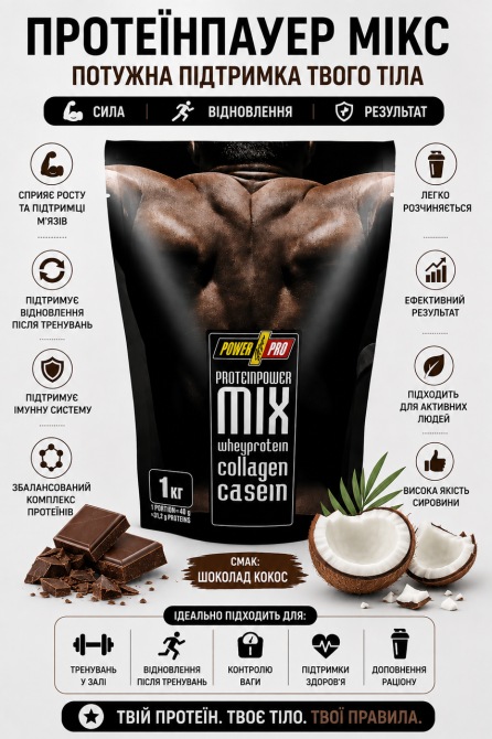 Комплексный протеин Power Pro Protein Power MIX, 1 кг - Шоколад-кокос Киев - изображение 5