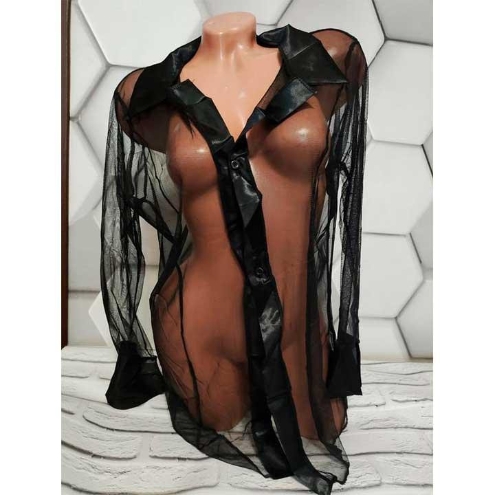 Короткий прозорий халат з імітацією класичної сорочки - Чорний - XS/S/M - Еротична білизна Вінниця - фото 4
