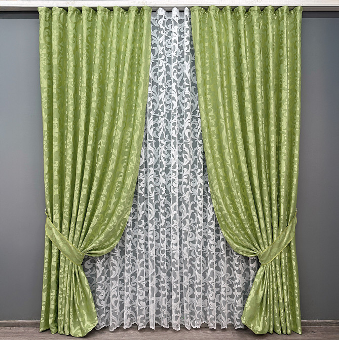 Комплект штор VR-Textil Жакард Вензель 100х270 2шт і Тюль 300х270 297ш-1147т Салатовий з білим 71-095/1 Київ - фото 1