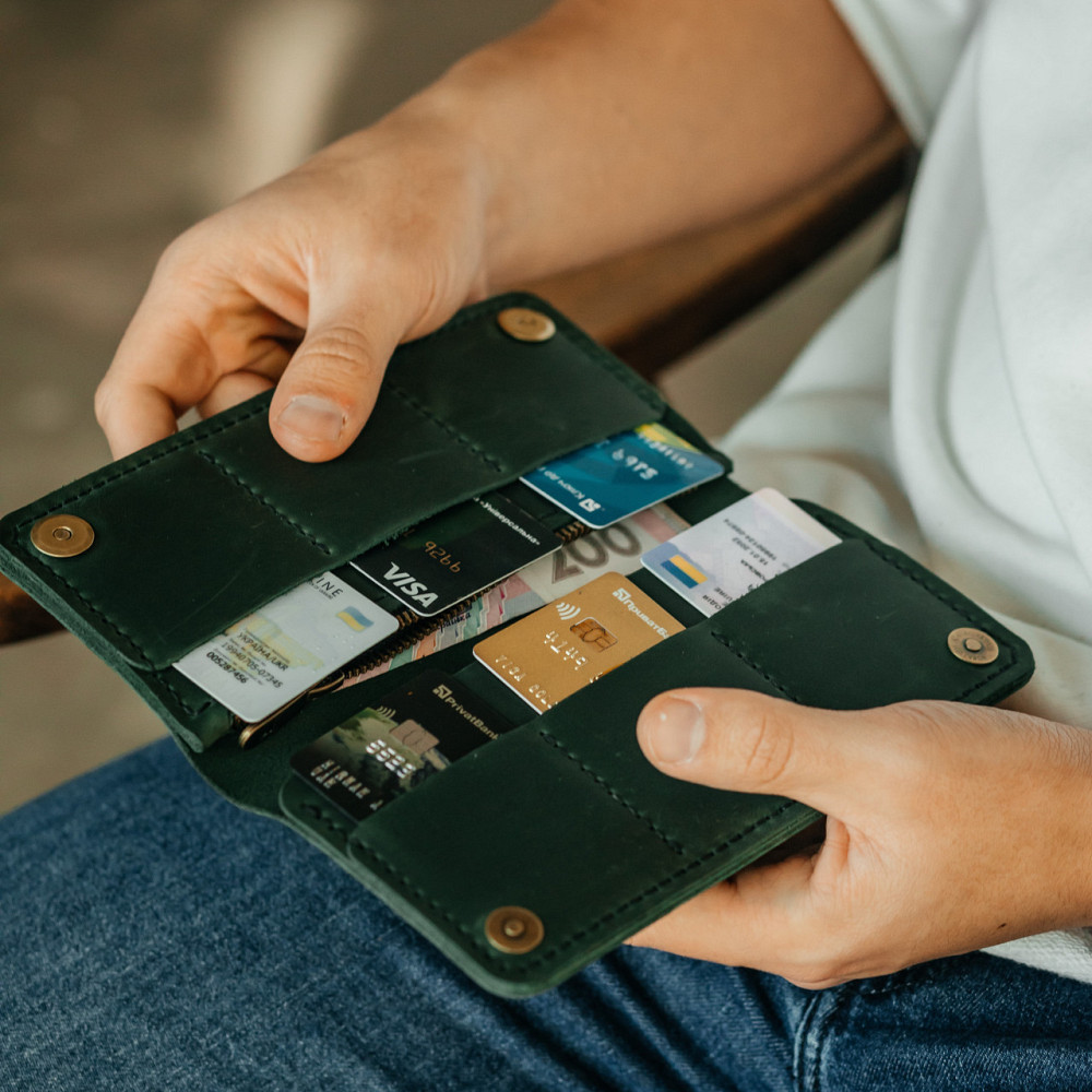 Клатч чоловічий шкіряний Лонгер Зелений стильний на кнопках 20х10 см з відділеннями для купюр, карт та монетMasterSem Київ - фото 5