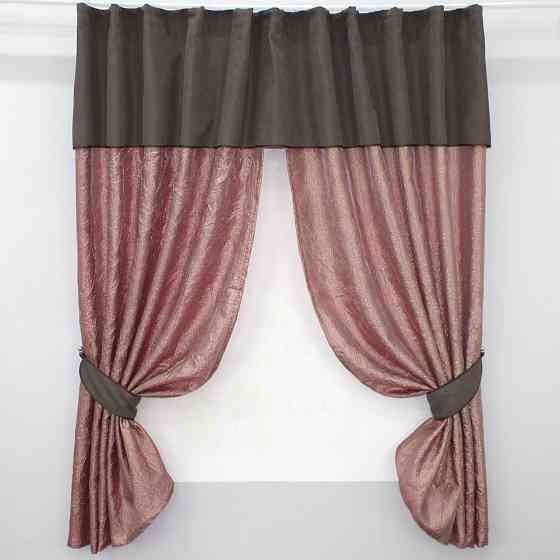 Кухонные шторы VR-Textil № 073к с ламбрекеном и подхватами розово-золотистый с какао 280х170 см (52-0366) Киев