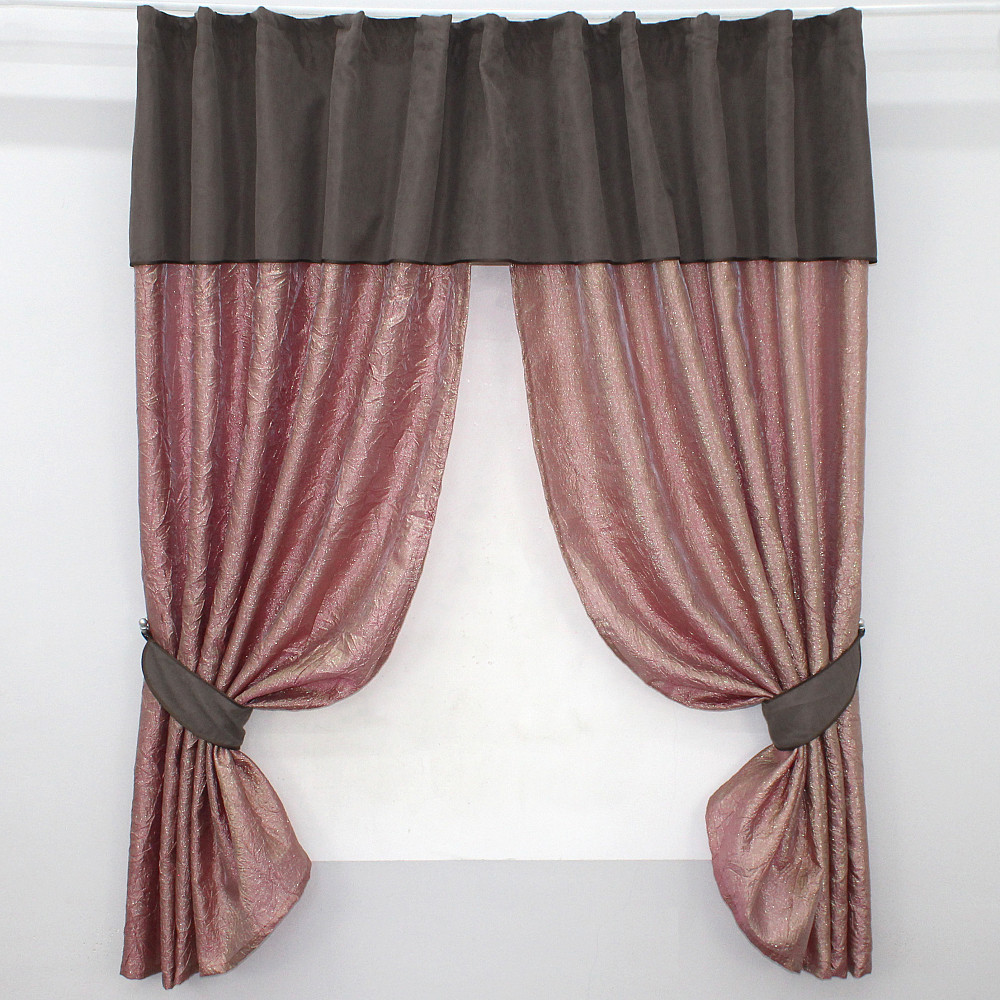 Кухонные шторы VR-Textil № 073к с ламбрекеном и подхватами розово-золотистый с какао 280х170 см (52-0366) Киев - изображение 1