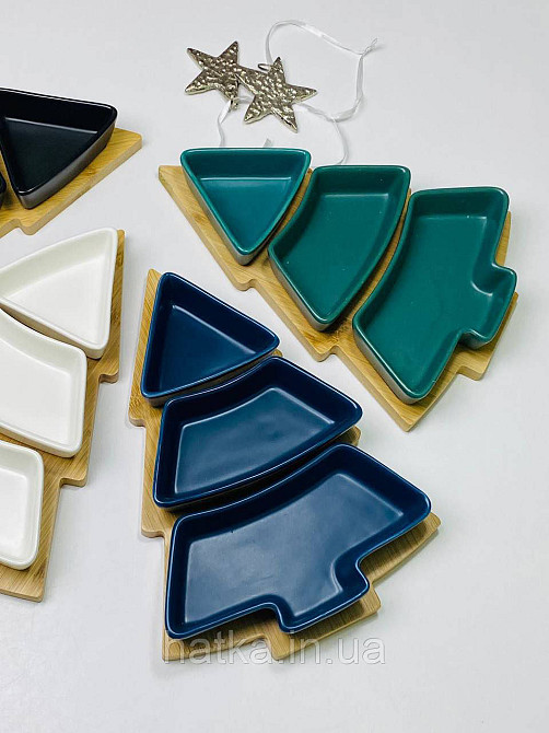 Тарілка менажниця новорічна "Синя Ялинка" кераміка 26*15*h5 см бамбукова підставка 8030-354 Київ - фото 5