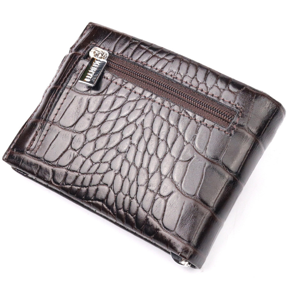 Функциональный мужской зажим из натуральной лакированной фактурной кожи под крокодила Коричневый (KARYA) Киев - изображение 12