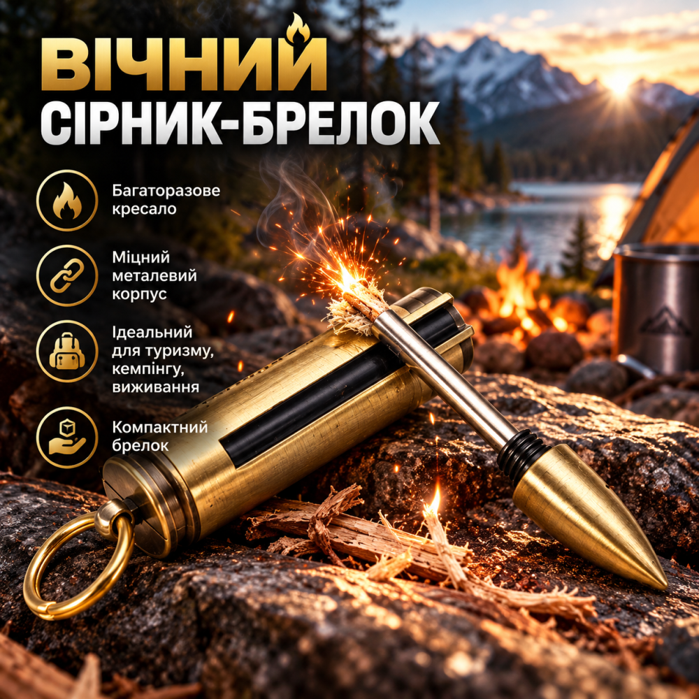 Вічний сірник-брелок металевий, багаторазове кресало для розпалювання вогню, туристична запальничка, чорний Київ - фото 1
