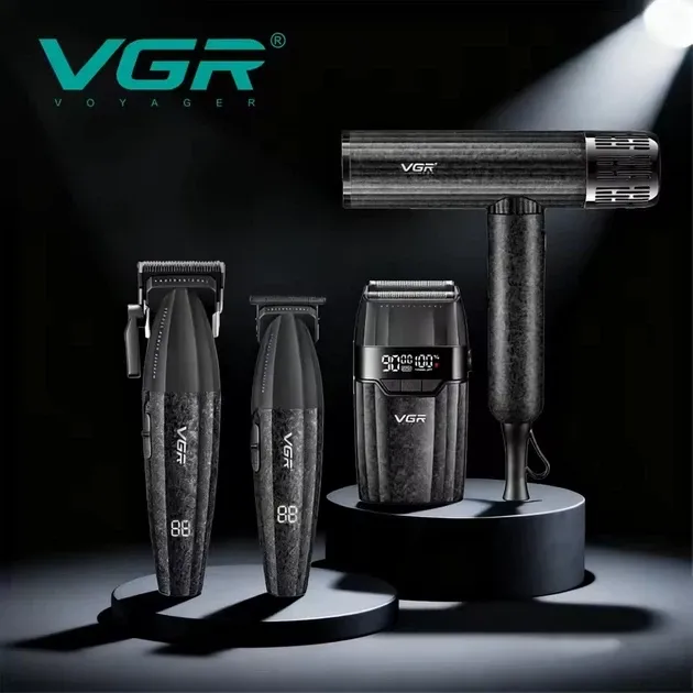 Барбер-набір 4в1 VGR V-640 S4 Black: машинка, тример, шейвер, фен BLDC 9000 RPM, USB Type-C, LED-дисплей Одеса - фото 1