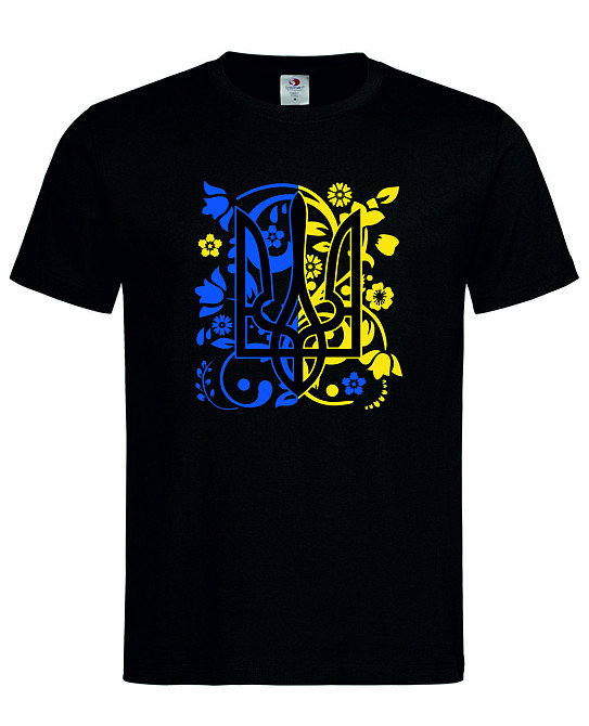 Футболка «Український герб у квітах» — чорна патріотична футболка Чорний, M Городище - фото 1