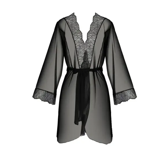 Пеньюар Passion AMBERLY PEIGNOIR 6XL/7XL, black, ажурні декольте та манжети, широкі рукави Львів