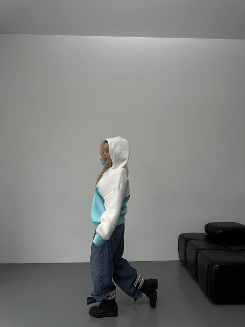 Женская базовая теплая худи на флис турецкая трехнить Бирюза Одесса - изображение 7