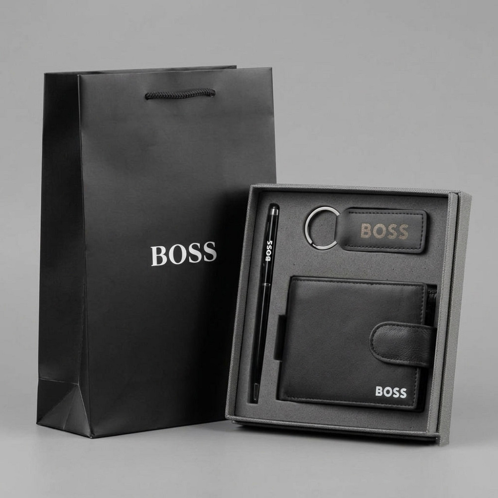 Мужской подарочный комплект, кошелек с брелоком и ручкой Boss (7704-3) Киев - изображение 7