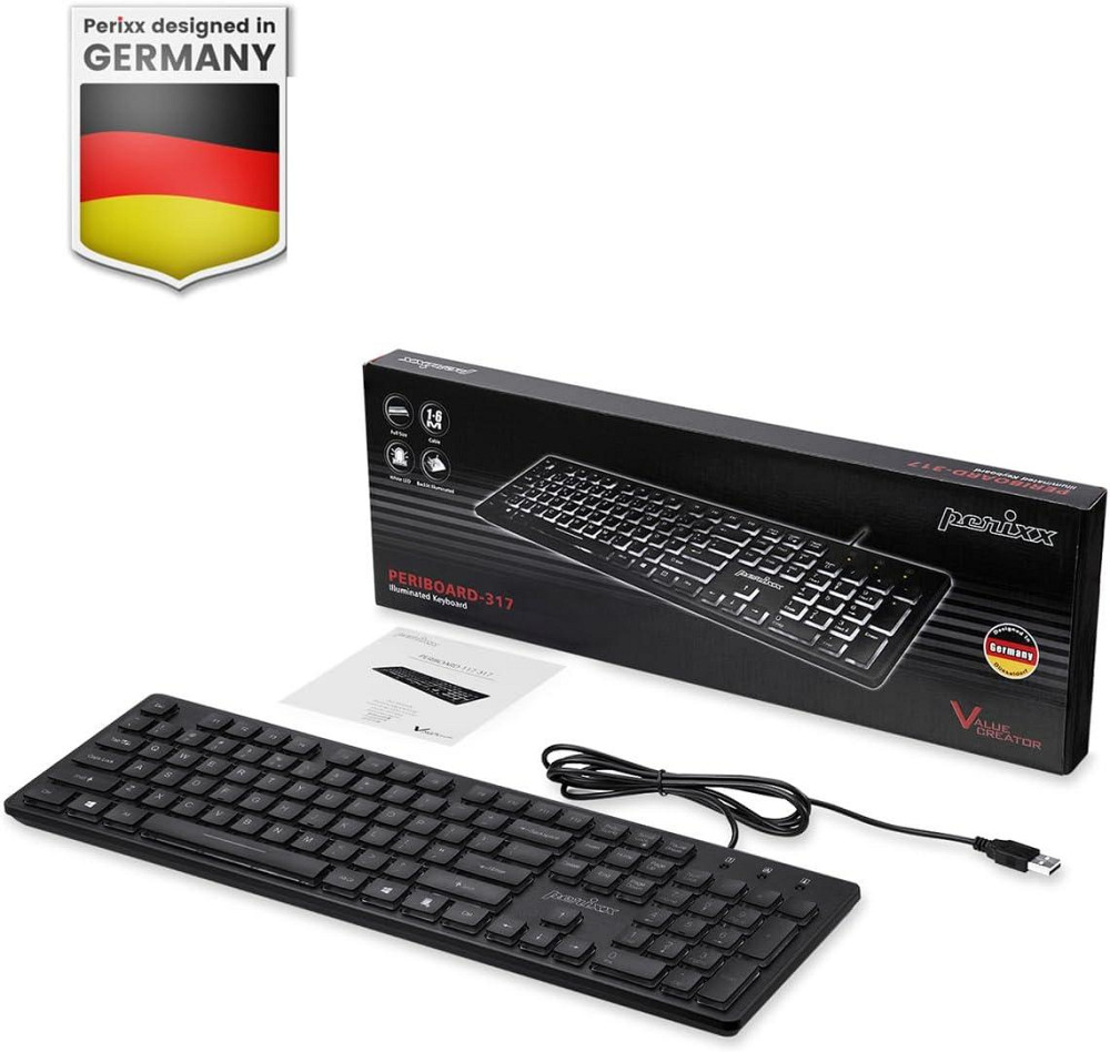 Клавіатура Perixx Periboard-317 чорна QWERTZ провідна USB повноформатна біле LED підсвічування великі символи Київ - фото 7
