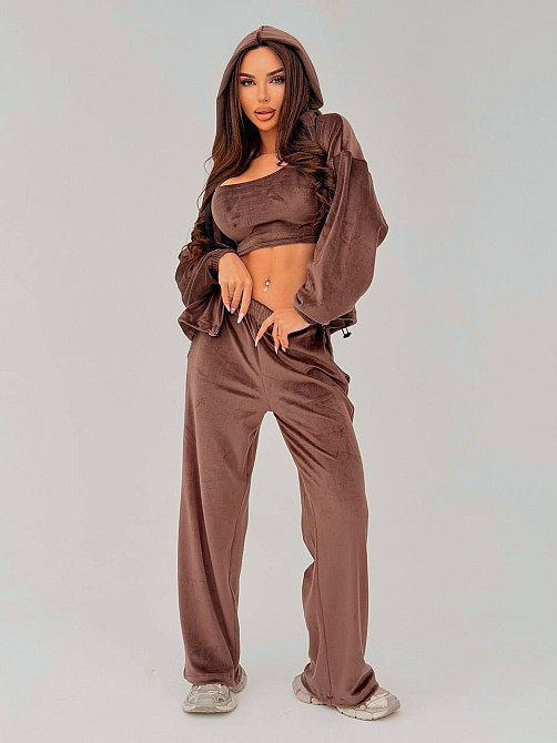 Жіночий стильний повсякденний велюровий костюм-трійка Шоколад, 46/48 Одеса - фото 9